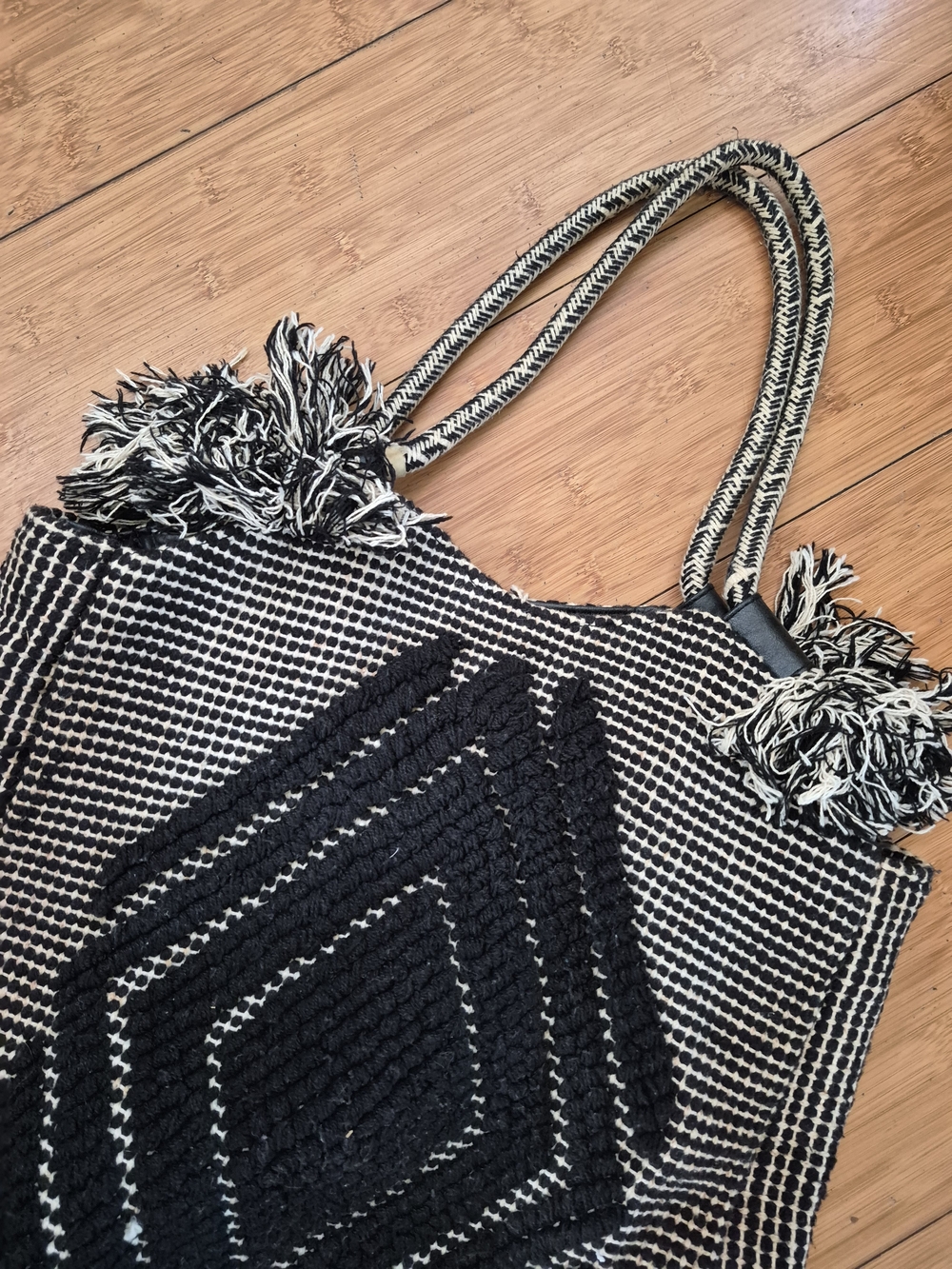 Merona Black and Cream Woven Tote with Pom Pom Accents
